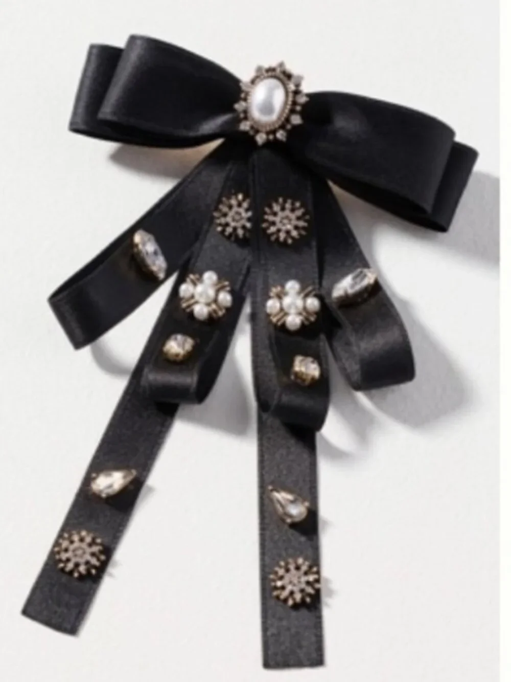 NWT Anthropologie Embellished Pearls/Rhinestones Black Bow Barrette